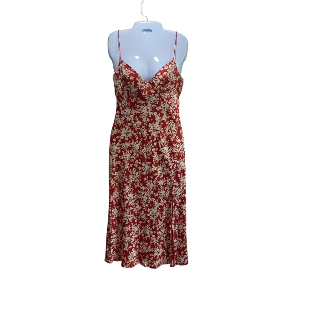 Hello Molly Satin Midi Floral Leg Slit Spaguetti Strap Dress Women 6 Cottagecore